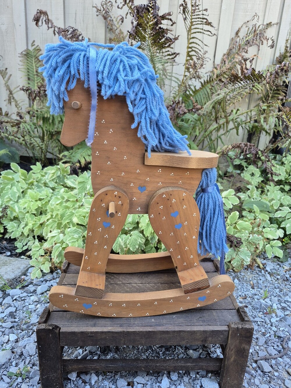 Vintage Hand Painted Wooden Rocking Horse Blue Yarn Mane Country Folk Art 12x17